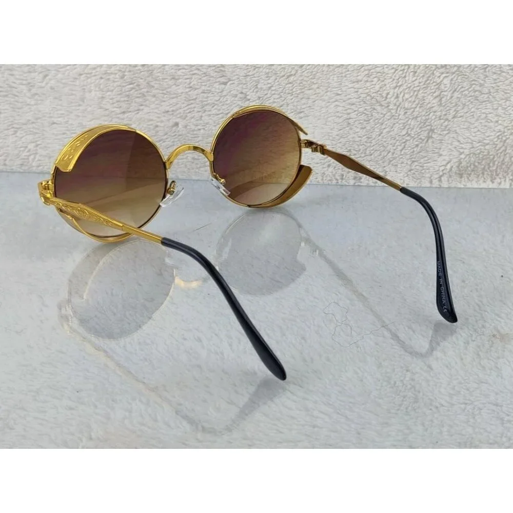Sunglasses Round Metal Steampunk Gold Frame Brown Lens Diesel Punk Cosplay - Picture 4 of 11